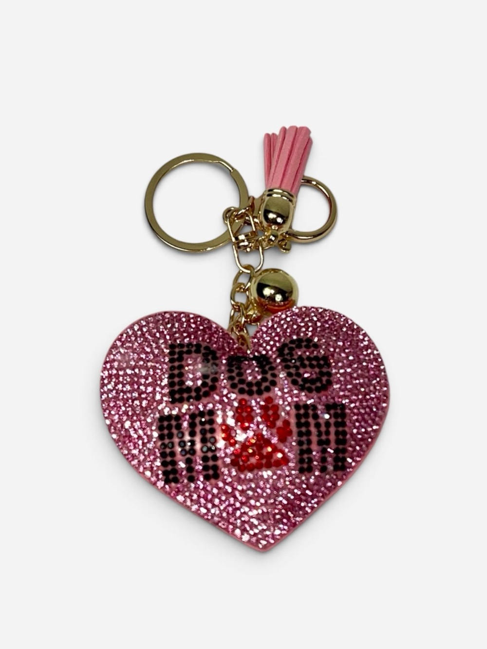 Pink Glitter Heart "Dog Mom" Keychain with Tassel